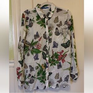 J. McLaughlin Britt Linen Butterfly Floral Button-Up Shirt XL